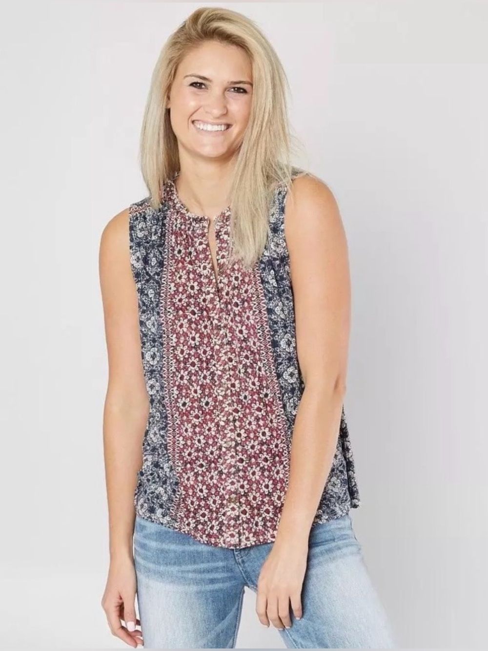 Lucky Brand Floral Sleeveless Split-Neck Top